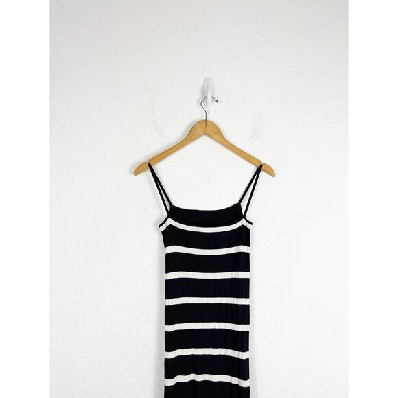Zara Navy Striped Square-Neck Maxi Dress Medium Ribbed Knit Stretch Minimalist - Picture 11 of 13